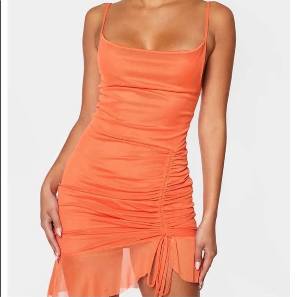 Pretty little thing bright Orange mesh bodycon dress size 4 New with tags